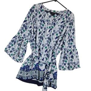 Liz Claiborne XL Floral Bell Sleeve Tunic Belted V-Neck Blouse Blue Boho Peasant